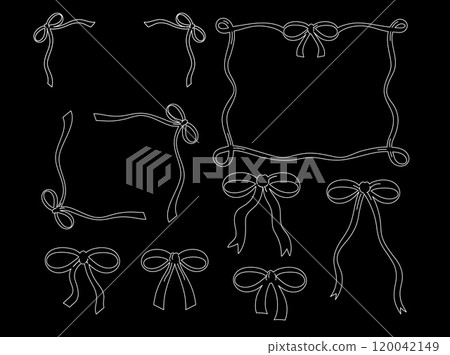 Cute bow or ribbon outlines for frame decoration, girly stuff, sticker, icon, ad template, wedding card, fashion, accessory, patch, brooch, shirt print, kid colouring book, art, painting, background 120042149