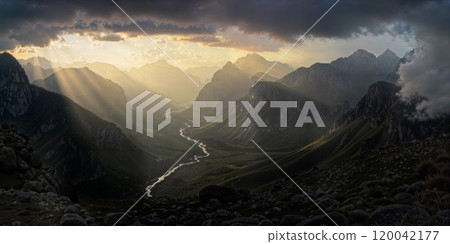 壯麗的山巒和山谷景色,透過雲層的光線和蜿蜒的河流,人工智慧生成的圖像 壯麗的山巒和山谷景色,透過雲層的光線和蜿蜒的河流,人工智慧生成的圖像 120042177