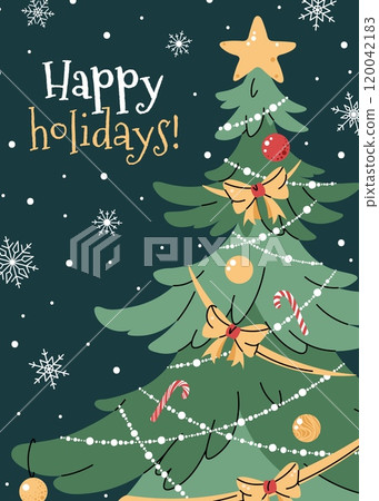 Greeting card with a Christmas tree decorated with garland, bows, and a star on a green background with snowflakes in a flat cartoon style. Vector illustration for Christmas poster, banner. Greeting card with a Christmas tree decorated with garland, bows, and a star on a green background with snowflakes in a flat cartoon style. Vector illustration for Christmas poster, banner. 120042183