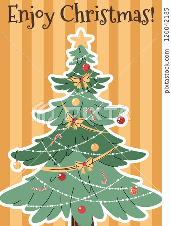Greeting card with New Year tree decorated with garland and toys on yellow striped background in flat cartoon style. Vector illustration for Christmas poster, banner, card, invitation, etc. Greeting card with New Year tree decorated with garland and toys on yellow striped background in flat cartoon style. Vector illustration for Christmas poster, banner, card, invitation, etc. 120042185
