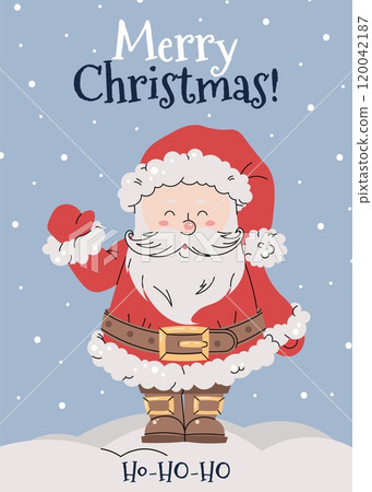 Christmas card with cheerful Santa Claus in red suit waving hand on snowy blue background in flat cartoon style. Vector illustration for poster, banner, invitation, etc Christmas card with cheerful Santa Claus in red suit waving hand on snowy blue background in flat cartoon style. Vector illustration for poster, banner, invitation, etc 120042187