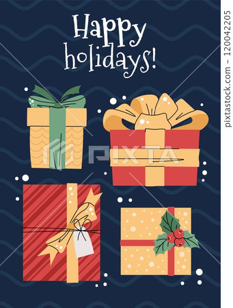 Christmas greeting card with gift boxes on a blue background in a flat cartoon style. Vector illustration for poster, banner, invitation, etc. 120042205