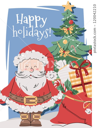 Christmas greeting card with Santa Claus, gifts, and a Christmas tree on a blue background in a flat cartoon style. Vector illustration for poster, banner, invitation, etc. Christmas greeting card with Santa Claus, gifts, and a Christmas tree on a blue background in a flat cartoon style. Vector illustration for poster, banner, invitation, etc. 120042210