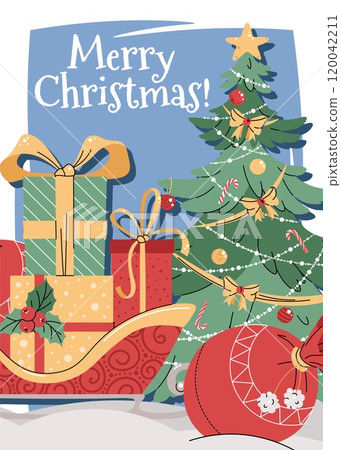 Christmas greeting card with Santa's sleigh, gifts, and a Christmas tree on a blue background in a flat cartoon style. Vector illustration for poster, banner, invitation, etc. Christmas greeting card with Santa's sleigh, gifts, and a Christmas tree on a blue background in a flat cartoon style. Vector illustration for poster, banner, invitation, etc. 120042211