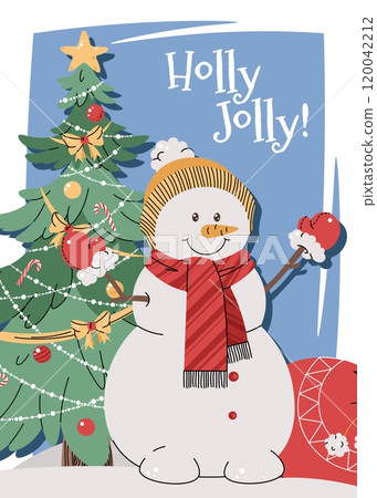 Christmas greeting card with a snowman, gifts, and a Christmas tree on a blue background in a flat cartoon style. Vector illustration for poster, banner, invitation, etc Christmas greeting card with a snowman, gifts, and a Christmas tree on a blue background in a flat cartoon style. Vector illustration for poster, banner, invitation, etc 120042212