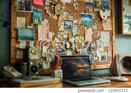 Create an inspiring workspace by personalizing your corkboard above the desk 120042313