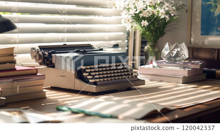 Discover the timeless charm of a vintage typewriter on a cozy desk space 120042337