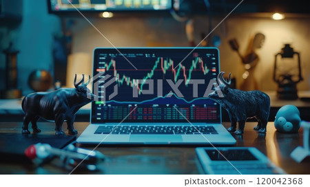 Explore financial markets analyzing stock trends with a laptop on a desk Explore financial markets analyzing stock trends with a laptop on a desk 120042368
