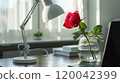 Enhance your workspace aesthetics with a minimalist white lamp and rose arrangement 120042399
