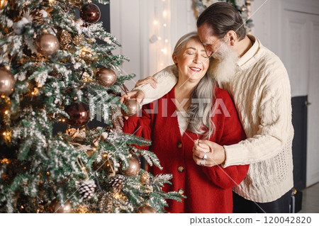 Senior man celebrating christmas with his wife near beautiful christmas tree. Old bearded man standing near his wife with grey hair. Man wearing white sweater and woman red one. Senior man celebrating christmas with his wife near beautiful christmas tree. Old bearded man standing near his wife with grey hair. Man wearing white sweater and woman red one. 120042820