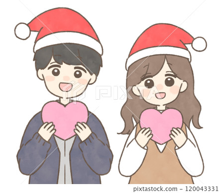 Men and women holding hearts, Santa hats Men and women holding hearts, Santa hats 120043331