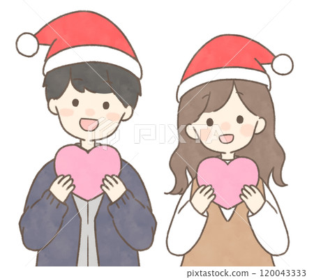 Men and women holding hearts, simple Santa hats 120043333