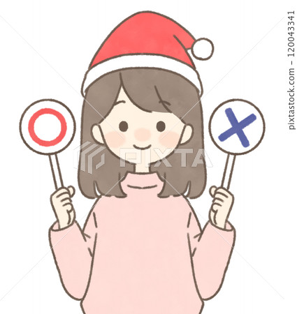 微笑的女人拿著 〇 和 × 標籤，簡單的聖誕老人帽子 120043341