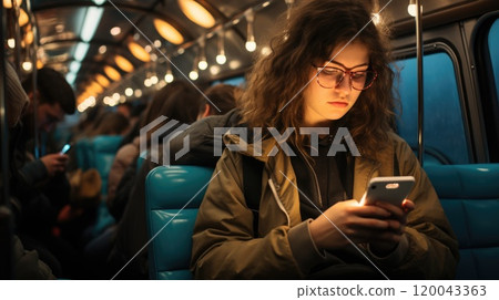 Urban journey - rush hour train cabin filled people, all absorbed mobile phone screens, reflecting landscape of constant connectivity, collective experience of crowded public transportation. Urban journey - rush hour train cabin filled people, all absorbed mobile phone screens, reflecting landscape of constant connectivity, collective experience of crowded public transportation. 120043363