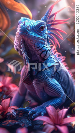 Vibrant hues: iguana illuminated in neon color, showcasing striking and vivid display of creature's scales, creating eye-catching, electrifying visual representation of its unique appearance. 120043385