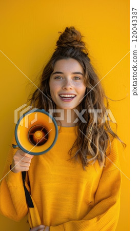 Dynamic announcement - smiling young woman with megaphone promoting sale offers on single colour background, ideal for banner design or with space for text, emphasizing enthusiasm and engagement 120043387