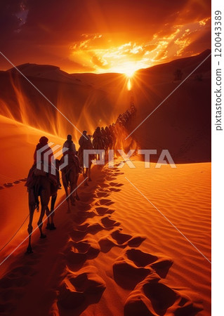Expedition across the desert - majestic camel caravan with laden packs traversing vast stretches of arid sands, timeless depiction of nomadic life, trade routes under relentless sun. 120043389