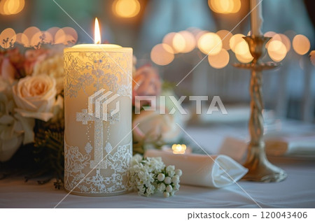 Topic divine ceremony: child baptism in church, infant christening, revered catholic observance connecting with god, sacred traditions, Christian rites, faithfully adhering to god's holy ordinances. 120043406