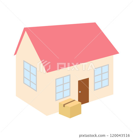Illustration material of a parcel being delivered in front of a house 120043516