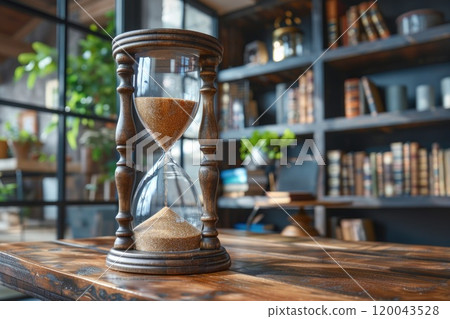 Temporal essence: hourglass, symbolizing the swift passage of time, conveying the notion that time is money, and highlighting the critical importance of valuing and making the most of our time 120043528