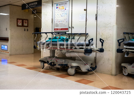 Hospital bed position. After the patient recovers and leaves the hospital, there is no one left in the hospital bed. 120043725