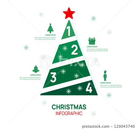 Christmas infographic Christmas tree template. 4 Choose Popular elements Christmas gift, vector illustration. 120043740
