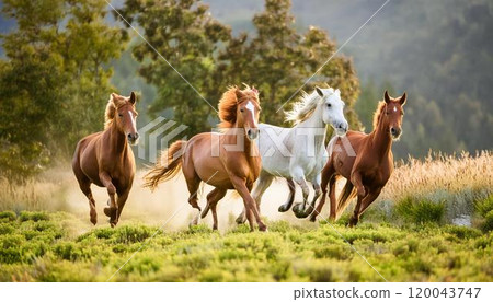 An elegant horse galloping across the grassland 120043747