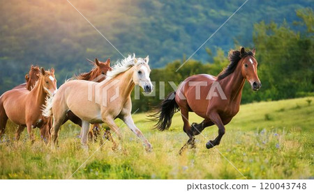 An elegant horse galloping across the grassland 120043748