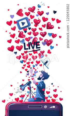 Studio content creator: blogger livestreamer employing a phone, podcast microphone for streaming, delivering business reviews, engaging audience, promoting via live sessions, optimizing online reach. 120043802