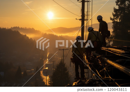Dedicated effort - men working on electricity pole, skilled workers repairing breakdown in electricity supply, restoring essential power to community, labour day with hard work and commitment. 120043811