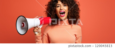 Vibrant promotion - smiling young woman announcing sale offers with megaphone against single colour background, perfect for banner or with ample copy space for text, capturing attention and excitement 120043813