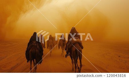 Expedition across the desert - majestic camel caravan with laden packs traversing vast stretches of arid sands, timeless depiction of nomadic life, trade routes under relentless sun. 120043816