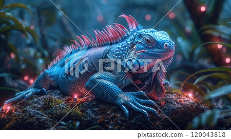 Radiant display: iguana bathed in neon color, highlighting bold and bright tones that enhance reptile's distinctive features, offering mesmerizing, dynamic portrayal of its natural beauty. 120043818