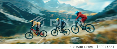 Dynamic leap - mountain biker , the exhilarating motion blur to convey velocity, blending the thrill of extreme sport with the serenity of nature, ideal for outdoor and adventure imagery 120043823