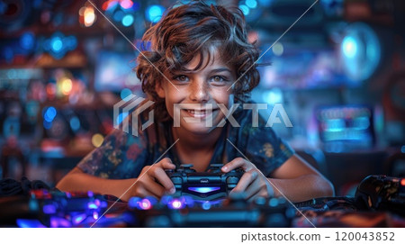 Joyful youth - a delighted child engaged in video gaming, showcasing excitement and immersive experience of digital play, emphasizing fun and interactive nature of electronic entertainment. Joyful youth - a delighted child engaged in video gaming, showcasing excitement and immersive experience of digital play, emphasizing fun and interactive nature of electronic entertainment. 120043852