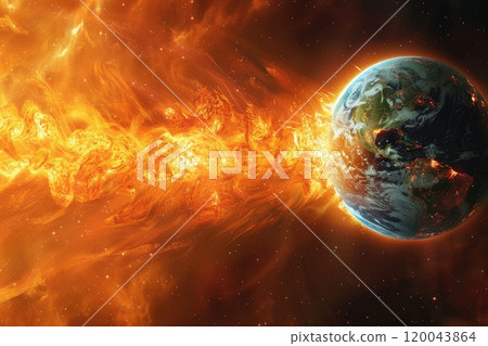 Striking of geomagnetic magnetic storm powerful solar phenomena that impact satellite communications, gps navigation, power grids, emphasizing significance of space weather research, preparedness. 120043864
