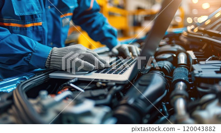 Auto diagnostics - mechanical technician employing laptop for car maintenance programming, integration of computer technology in vehicle service, emphasizing accuracy and modern repair methods. Auto diagnostics - mechanical technician employing laptop for car maintenance programming, integration of computer technology in vehicle service, emphasizing accuracy and modern repair methods. 120043882