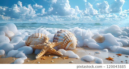 Ocean gems - seashells and starfish and colored corals on the beach with sea foam, background, banner, perfect for creating captivating posters, cards, flyers, greetings with plenty of copy space. 120043885