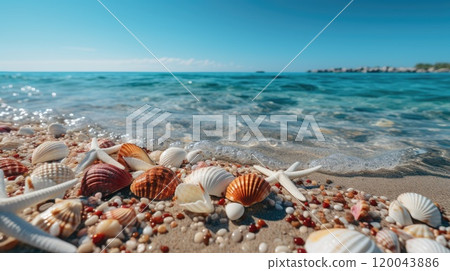 Coastal treasures - seashells and starfish and colored corals on the beach with sea foam, background, wallpaper, banner design, ideal for posters, cards, flyers, greetings with ample copy space. 120043886