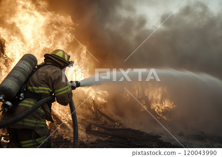 Heroic firefighter: brave fireman demonstrating courage, determination in face of danger, embodying strength, dedication required to protect lives, property during critical emergency situations. 120043990
