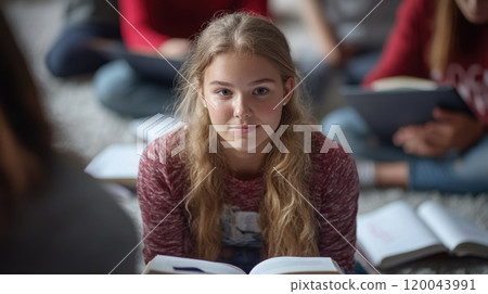 Voice of ideas: a university student circle focused on debating, showcasing public speaking skills, analytical thinking, camaraderie, vibrant setting for expression, intellect, shared interests. 120043991