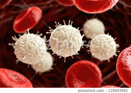 Cellular defense: leukocytes under a microscope, showcasing their critical role in immune system, highlighting intricate structures and processes that protect body from infections and diseases. 120043992