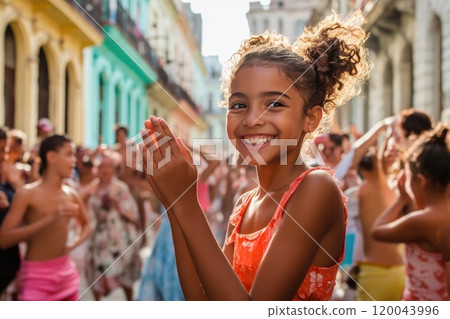 Street fiesta: salsa dancers in heart of Havana light up lively streets, captivating onlookers with rhythmic moves, vibrant energy, turning city into a colorful celebration of culture and joy. 120043996