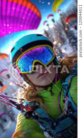 Colorful freedom: A girl soaring through the sky while parachuting, surrounded by vibrant colors that reflect her adventurous spirit and the exhilarating experience of flying high above the world. Colorful freedom: A girl soaring through the sky while parachuting, surrounded by vibrant colors that reflect her adventurous spirit and the exhilarating experience of flying high above the world. 120044011
