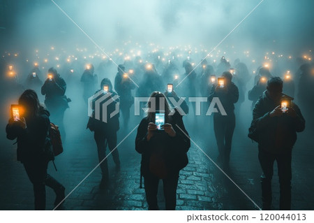 Smartphone impact: person engaged with their mobile device showing how technology reshapes lives, from social media engagement to real-time sharing, influence of mobile phones on modern communication. 120044013