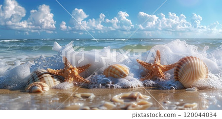 Ocean gems - seashells and starfish and colored corals on the beach with sea foam, background, banner, perfect for creating captivating posters, cards, flyers, greetings with plenty of copy space. Ocean gems - seashells and starfish and colored corals on the beach with sea foam, background, banner, perfect for creating captivating posters, cards, flyers, greetings with plenty of copy space. 120044034