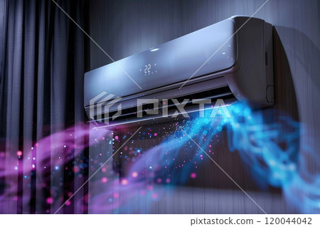 Cool air: air conditioner with ioniser and water vapour, concept of a cooling mechanism and pure air, the summer heat and maintain wellbeing at high temperatures 120044042