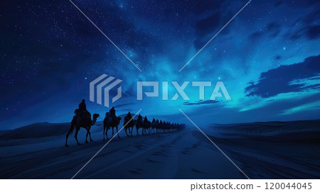 Journey through the desert: caravan of camels advancing steadily across barren landscape, evoking spirit of ancient trade, cultural exchange amidst unforgiving beauty of sand and sky. 120044045