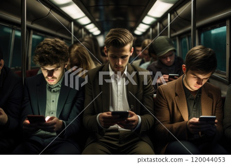 Commuting scene - rush hour train cabin is packed with individuals, each engrossed in mobile phone screens, modern day routine of digital engagement and the bustling atmosphere of daily travel. 120044053