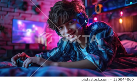 Cheerful boy - an ecstatic youngster playing computer games, highlighting enjoyment and enthusiasm of digital activities, illustrating captivating and engaging world of video gaming. 120044060